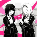  2girls bangs bangs_pinned_back blush bolo_tie closed_eyes hairband highres holding holding_pen jacket kirarazaka_marina kuze_shizuka long_hair monochrome multiple_girls o_mozi_r open_clothes open_jacket parted_lips pen scar scar_on_face school_uniform short_hair takopii_no_genzai 