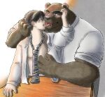  2022 anthro black_nose blush brown_body brown_fur clothed clothing duo embrace fur hi_res hug human human_on_anthro humanoid_hands interspecies kakukaku kemono male male/male mammal necktie open_clothing open_shirt open_topwear overweight overweight_male shirt tongue tongue_out topwear ursid 