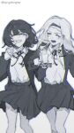  2girls bangs bangs_pinned_back blush bolo_tie closed_eyes hairband happy highres holding_hands jacket kirarazaka_marina kuze_shizuka long_hair long_sleeves miniskirt monochrome multiple_girls open_clothes open_jacket open_mouth qingdongsw school_uniform short_hair skirt sleeves_past_wrists smile takopii_no_genzai twitter_username 