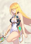  1girl bangs bare_shoulders blonde_hair breasts chest_jewel cleavage dress earrings eyebrows_visible_through_hair gem headpiece holding holding_sword holding_weapon jewelry knee_up long_hair looking_at_viewer medium_breasts mythra_(xenoblade) phrecklesart smile solo swept_bangs sword tiara very_long_hair weapon xenoblade_chronicles_(series) xenoblade_chronicles_2 yellow_eyes 