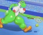  anthro ball blue_eyes blush bodily_fluids breasts detailed_background female goldcrustedchicken green_body huge_hips huge_thighs mario_bros multicolored_body nintendo nipples open_mouth overweight playing solo sweat tennis_ball thick_thighs two_tone_body video_games white_body wide_hips yoshi 