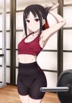  1girl armpits arms_up bangs barbell bare_shoulders black_hair black_shorts breasts cleavage closed_mouth collarbone commentary hair_ribbon high-waist_shorts indoors inoshira kaguya-sama_wa_kokurasetai_~tensai-tachi_no_renai_zunousen~ legs_together looking_at_viewer pantylines parted_bangs red_eyes red_ribbon red_sports_bra ribbon shinomiya_kaguya shorts small_breasts solo sports_bra sportswear standing stretch striped striped_shorts thighs twitter_username vertical-striped_shorts vertical_stripes 