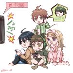  1girl 3boys :d absurdres ahoge akamatsu_kaede bangs barefoot black_hair blonde_hair brown_hair brown_sweater calling cat_ear_headphones chibi controller danganronpa:_trigger_happy_havoc danganronpa_(series) danganronpa_2:_goodbye_despair danganronpa_v3:_killing_harmony green_shirt grey_background hair_ornament headphones headset highres hinata_hajime holding holding_controller hood hood_down jacket knees_up long_hair long_sleeves midori_(310ri_21) multiple_boys musical_note_hair_ornament naegi_komaru naegi_makoto open_clothes open_jacket phone pink_jacket playing_games reading saihara_shuuichi shirt shoes simple_background sitting smile spoken_character striped striped_shirt sweater teeth translation_request upper_teeth 