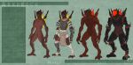  3_toes alien animal_genitalia anthro arkreich armor black_claws black_clothing breasts claws clothing duo english_text feet female genital_slit genitals green_background grey_clothing headgear helmet hi_res horizontal_slit long_claws looking_aside male model_sheet moonstalkerwerewolf nude off/on red_body red_clothing red_skin science_fiction simple_background slit standing text toes watermark 