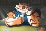  2022 anthro bed bedroom biped blush cellphone clothing crustonpie detailed_background felid furniture hi_res hoodie humanoid_hands inside kemono male mammal orange_body pantherine phone sitting smartphone solo tiger topwear 