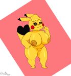  absurd_res anthro blush breasts clothing cosplay_pikachu_(costume) embarrassed embarrassed_nude_female exposed_breasts female genitals hi_res nintendo nude ori-doggo pikachu pikachu_libre plump_labia pok&eacute;mon pok&eacute;mon_(species) pussy solo thick_thighs video_games volta_(ori-doggo) 