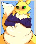  absurd_res anthro bandai_namco belly belly_expansion belly_overhang belly_rub bottomless canid canine clothed clothing digimon digimon_(species) expansion female fluffy fluffy_tail fox hi_res makeup mammal navel neck_tuft overweight renamon softtibbies sweater topwear tuft weight_gain 