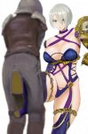  1boy 1girl ball_busting bdsm breasts cbt cleavage crotch_kick femdom grey_hair highres huge_breasts isabella_valentine reverse_ryona seset short_hair simple_background soulcalibur white_background white_eyes 