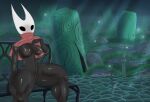  areola black_areola black_body black_nipples breasts detailed_background fecharis female genitals goldcrustedchicken hollow_knight hornet_(hollow_knight) muscular muscular_female nipples not_furry pussy sitting solo team_cherry video_games 