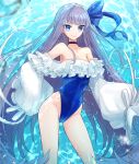  1girl bare_shoulders blue_bow blue_choker blue_eyes blue_swimsuit bow bubble choker closed_mouth cowboy_shot fate/grand_order fate_(series) frills hair_bow highleg highleg_swimsuit highres long_hair looking_at_viewer meltryllis_(fate) meltryllis_(swimsuit_lancer)_(fate) meltryllis_(swimsuit_lancer)_(second_ascension)_(fate) purple_hair sleeves_past_wrists smile solo standing strapless strapless_swimsuit swimsuit thighs tkdsyk water 