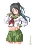  1girl alternate_costume black_hair blouse blue_eyes blush breasts collarbone cowboy_shot ebifurya eyebrows_visible_through_hair green_sailor_collar green_skirt hair_ribbon highres kantai_collection katsuragi_(kancolle) long_hair long_sleeves looking_at_viewer navel neckerchief pleated_skirt ponytail red_neckerchief ribbon sailor_collar school_uniform serafuku simple_background skirt small_breasts solo twitter_username white_background white_blouse white_ribbon 