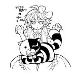  1boy :o alice_(alice_in_wonderland) alice_(alice_in_wonderland)_(cosplay) alice_in_wonderland anti-earth_bomb apron bangs bow cat cheshire_cat_(alice_in_wonderland) cheshire_cat_(alice_in_wonderland)_(cosplay) commentary_request cosplay crossdressing danganronpa:_trigger_happy_havoc danganronpa_(series) dress frilled_dress frills grey_background grin hair_between_eyes hair_bow hands_up looking_at_viewer monokuma naegi_makoto neck_ribbon puffy_short_sleeves puffy_sleeves ribbon short_sleeves simple_background smile teeth translation_request 