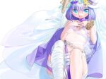  1girl bandaged_leg bandages barefoot blue_eyes breasts dress embarrassed flower hair_flower hair_ornament hat highres kaede_(shijie_heping) light_blue_eyes lying mini_hat nail_polish navel on_back open_mouth original own_hands_together purple_hair revealing_clothes see-through see-through_dress short_hair sleeveless sleeveless_dress small_breasts strap veil 