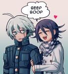  2boys :d ahoge android arm_grab bangs black_hair buttons checkered_clothes checkered_scarf cheer_(cheerkitty14) closed_eyes danganronpa_(series) danganronpa_v3:_killing_harmony double-breasted facing_another flipped_hair gradient gradient_background grey_background grey_hair grey_jacket hair_between_eyes heart highres jacket keebo looking_at_another male_focus multiple_boys ouma_kokichi power_armor scarf shiny shiny_hair smile speech_bubble teeth upper_body upper_teeth yaoi 