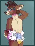  ambiguous_gender anthro archived_source biped blush bodily_fluids brevity cervid diaper digital_drawing_(artwork) digital_media_(artwork) fur genital_fluids hair hirsche_(diaperedglowwolf) looking_at_viewer mammal simple_background solo standing urine wet_diaper wetting 