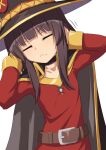  1girl bangs belt belt_buckle black_cape black_choker black_headwear blunt_bangs brown_hair buckle cape choker collarbone dress eyebrows_visible_through_hair hat kono_subarashii_sekai_ni_shukufuku_wo! long_sleeves megumin open_mouth red_dress red_eyes short_hair sidelocks smile solo three_monkeys umarutsufuri upper_body witch_hat 