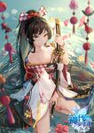  1girl argyle ball bible_bullet blurry bokeh bracelet breasts brown_hair cleavage copyright_name depth_of_field flower hair_flower hair_ornament hair_ribbon high_ponytail highres holding holding_sword holding_weapon japanese_clothes jewelry katana kimono kimono_pull kneeling kouhaku_nawa logo long_hair looking_at_viewer medium_breasts obi off_shoulder paper_balloon petals red_flower ribbon rope sash scarlet_dango sheath sheathed shimenawa sidelocks smile solo sword temari_ball very_long_hair wading water weapon wet wet_clothes wet_hair white_flower yamato_takeru_(bible_bullet) yellow_eyes 