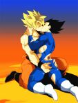  2boys ass baggy_pants bangs black_hair blonde_hair blue_bodysuit blush bodysuit boots closed_eyes dragon_ball dragon_ball_z gacharunta gloves gradient gradient_background hand_on_another&#039;s_ass kiss kneeling male_focus multiple_boys orange_pants pants saiyan short_hair son_goku spiked_hair super_saiyan super_saiyan_1 thick_thighs thighs torn_bodysuit torn_clothes vegeta white_gloves yaoi 