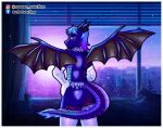  anthro blue_body blue_fur blue_scales border city cityscape clothing dragon fur furred_dragon humanoid lingerie looking_at_viewer looking_back male saffron scales sky soft_overline solo star starry_sky tail white_border wings 
