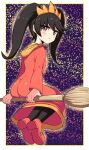  1girl ashley_(warioware) ass big_hair black_hair black_legwear cougar_(cougar1404) dress hairband holding long_hair looking_at_viewer orange_hairband pantyhose red_dress solo twintails warioware 