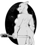 anthro blood bodily_fluids breasts butt cosmic_background dbaru felid female hi_res holding_object holding_weapon image_comics invincible_(comics) lion looking_back mace mammal melee_weapon monochrome muscular muscular_anthro muscular_female nude pantherine side_boob solo starry_background thokk&#039;s_daughter weapon 