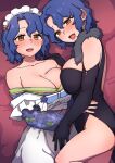  2girls asymmetrical_docking bed_sheet black_dress black_gloves blue_hair breast_press breasts brown_eyes cleavage dress earrings elbow_gloves feather_boa gloves hand_on_another&#039;s_hip hand_on_another&#039;s_shoulder idolmaster idolmaster_million_live! idolmaster_million_live!_theater_days japanese_clothes jewelry kimono kimono_pull kwaejina large_breasts looking_at_viewer lying maid_headdress multiple_girls multiple_persona off_shoulder on_back on_bed on_side open_mouth short_hair side_slit smile thighs toyokawa_fuuka 