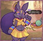  anthro anubian_jackal bandai_namco belly bottomwear canid canine canis clothing ear_piercing ear_ring female handpaw jackal mammal navel open_mouth pac-man_party patra pawpads paws peachpunch11 piercing purple_eyes skirt solo 