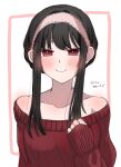  1girl bangs bare_shoulders black_hair blush breasts collarbone hairband highres irukaneko large_breasts looking_at_viewer pink_hairband red_eyes red_sweater smile solo spy_x_family sweater yor_briar 