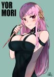  1girl absurdres bangs black_dress blood blood_on_face breasts cleavage dress earrings eyebrows_visible_through_hair hairband highres hololive hololive_english jewelry long_hair mori_calliope pink_hair radical_highway red_eyes sidelocks solo spy_x_family virtual_youtuber yor_briar 