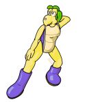  anthro clothing female footwear green_hair hair hi_res koopa koopa_troopa lendri_mujina mario_bros nintendo scalie shell shoes solo stretching_legs troopea video_games yellow_body yellow_skin 