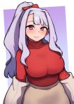  1girl alternate_hairstyle blush bow breasts hair_bow hair_up high_ponytail idolmaster idolmaster_million_live! idolmaster_million_live!_theater_days jacket jacket_removed kwaejina large_breasts long_hair long_sleeves looking_at_viewer red_bow red_eyes red_sweater shijou_takane sidelocks silver_hair skirt smile solo sweater tan_skirt turtleneck 