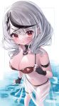  1girl bikini blush bra braid breasts fang glover heart_collar higashigure highres hololive large_breasts legs looking_at_viewer mask mask_removed navel red_eyes sakamata_chloe short_hair silver_hair smile solo standing standing_on_liquid swimsuit underwear virtual_youtuber water 