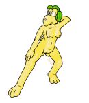  anthro breasts clothing female footwear genitals green_hair hair hi_res koopa koopa_troopa lendri_mujina mario_bros nintendo nipples nude pussy scalie shell-less shoes solo stretching_legs troopea video_games yellow_body yellow_skin 