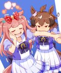  ... 2girls agnes_digital_(umamusume) ahoge animal_ears arm_grab bangs biting biting_arm blush bow brown_hair closed_eyes drooling hair_bow hand_on_own_cheek hand_on_own_face heart hideaki_(kin29n_0721) highres horse_ears horse_girl horse_tail jitome long_hair multicolored_hair multiple_girls no_nose open_mouth pink_hair puffy_short_sleeves puffy_sleeves red_bow school_uniform shinko_windy_(umamusume) short_sleeves skirt solid_eyes spoken_ellipsis sweat tail tracen_school_uniform trembling two-tone_hair two_side_up umamusume v-shaped_eyebrows white_skirt 