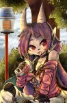  anthro black_nose breasts clothed clothing collar container cup dragon female freedom_planet freedom_planet_2 gloves hair handwear hi_res horn hybrid knee_pads outside plant purple_hair red_eyes sash_lilac shira_ki solo sweater tongue tongue_out topwear tree video_games 