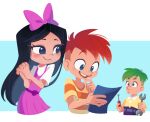  1girl 2boys big_nose blue_eyes blueprint blush bow brothers dress ferb_fletcher green_hair hair_bow half-closed_eyes holding holding_paper holding_screwdriver holding_wrench isabella_garcia-shapiro long_hair multiple_boys open_mouth own_hands_clasped own_hands_together paper phineas_and_ferb phineas_flynn pink_bow pink_dress pointy_hair red_hair redrawn screwdriver shirt siblings smile step-siblings striped striped_shirt ukata wrench 