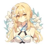  1girl alternate_hair_length alternate_hairstyle bare_shoulders blonde_hair breasts cleavage closed_mouth flower genshin_impact hair_flower hair_ornament highres long_hair looking_at_viewer lumine_(genshin_impact) medium_breasts reido_0723 simple_background solo upper_body white_background yellow_eyes 