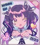  1girl bangs black_hair black_tube_top blunt_bangs clothing_cutout commentary_request dated demon_horns happy_birthday heart horns jacket kojo_anna kuzuhana long_hair looking_at_viewer multicolored_hair official_alternate_costume one_eye_closed open_mouth purple_hair shoulder_cutout smile solo strapless sugar_lyric tiger tube_top twintails two-tone_hair upper_body virtual_youtuber white_jacket yellow_eyes 