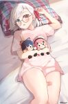  1girl bandaid bandaid_on_leg blue_eyes blush bottomless breasts commission doll english_commentary glasses hair_ribbon heterochromia holding holding_doll looking_at_viewer lying medium_breasts on_back on_bed open_mouth original pillow pink_eyes pink_shirt plaid_pillow red_ribbon ribbon round_eyewear shirt shuuzo3 solo surprised white_hair 