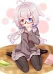  1girl ahoge animal_ears black_legwear blue_eyes glasses harada_(sansei_rain) heterochromia pantyhose red_eyes school_uniform sitting sweater twintails wariza white_hair yukino_ko_(yukino_shiratama) 