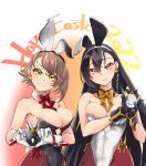  2girls alternate_costume animal_ears black_hair black_hairband black_leotard bow bowtie breasts brown_hair detached_collar egg english_text fake_animal_ears flipped_hair green_eyes hairband happy_easter holding holding_egg kantai_collection large_breasts leotard long_hair multiple_girls mutsu_(kancolle) nagato_(kancolle) pantyhose playboy_bunny rabbit_ears red_bow red_bowtie red_eyes red_legwear short_hair strapless strapless_leotard udukikosuke white_hairband white_leotard yellow_bow yellow_bowtie 