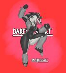  anthro black_body black_fur breasts darcknessart female fist fur grey_body grey_fur hi_res jumping nintendo obstagoon pok&eacute;mon pok&eacute;mon_(species) red_eyes solo tongue tongue_out video_games white_body white_fur wide_hips 