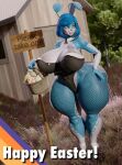  2022 3d_(artwork) 5_fingers absurd_res anthro areola areola_slip big_breasts big_butt blue_body blue_hair breasts bunny_costume butt clothing costume digital_media_(artwork) easter english_text female fingers fishnet fishnet_legwear five_nights_at_freddy&#039;s five_nights_at_freddy&#039;s_2 green_eyes hair hi_res high_heels holidays huge_breasts huge_butt lagomorph legwear leporid mammal outside rabbit scottgames solo sunr4y text thick_thighs toy_bonnie_(fnaf) video_games white_body 