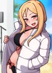  beach bikini bikini_under_clothes black_bikini blonde_hair blush bow down_jacket hand_in_pocket idolmaster idolmaster_million_live! idolmaster_million_live!_theater_days jacket kwaejina long_hair looking_at_viewer momose_rio ocean open_clothes open_jacket open_mouth red_bow red_eyes smile swimsuit white_jacket 
