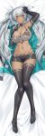  1girl absurdres alabama_(azur_lane) arm_up armpits ass_visible_through_thighs azur_lane bangs bare_shoulders bed_sheet bikini bikini_under_clothes black_choker black_gloves black_legwear body_markings breasts choker cleavage closed_mouth clothes_writing coat collarbone dakimakura_(medium) dark-skinned_female dark_skin detached_collar elbow_gloves eyebrows_visible_through_hair facial_mark full_body gloves hair_between_eyes hand_on_own_chest highleg highleg_bikini highres jewelry large_breasts long_coat long_hair looking_at_viewer lying miso_(b7669726) navel necklace no_shoes on_back red_eyes see-through shadow short_shorts shorts sidelocks skindentation smile snap-fit_buckle solo strapless swimsuit thigh_gap thighhighs tube_top twintails very_long_hair white_coat white_hair white_tube_top zipper 