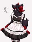  3:4 anthro black_body black_fur black_nose blue_eyes blush breasts canid canine clothed clothing dress ear_piercing eyelashes female fluffy fur hi_res holding_clothing holding_dress holding_object maid_uniform mammal neck_tuft nintendo piercing pok&eacute;mon pok&eacute;mon_(species) red_body red_fur rusoide simple_background small_breasts smile solo tuft uniform video_games zorua 