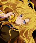  1girl bangs blonde_hair blue_eyes face flower hand_up highres holding holding_flower ib long_hair looking_at_viewer mary_(ib) nozz177 portrait puffy_sleeves rose sideways solo swept_bangs yellow_flower yellow_rose 