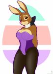  anthro bedroom_eyes breasts cadbury cadbury_bunny clothing easter female half-closed_eyes hands_behind_back hi_res holidays jorge-the-wolfdog lagomorph leggings legwear leporid looking_at_viewer mammal mascot narrowed_eyes neck_bow playboy_outfit rabbit seductive simple_background smile smiling_at_viewer solo 