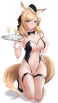  1girl absurdres animal_ear_fluff animal_ears arknights arm_strap bare_shoulders black_bow black_bowtie black_footwear black_headwear black_legwear blonde_hair blue_eyes blush bow bowtie breasts cleavage closed_mouth covered_navel cup detached_collar drink drinking_glass fishnet_legwear fishnets full_body garrison_cap groin hand_on_hip hat high_heels highres holding holding_tray horse_ears horse_girl horse_tail kneeling large_breasts leotard long_hair looking_at_viewer nankaichimu navel nose_blush pussy see-through simple_background solo strapless strapless_leotard tail thigh_gap thighhighs traditional_bowtie tray uncensored whislash_(arknights) white_background wrist_cuffs 