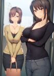  2girls apartment arms_under_breasts bra_visible_through_clothes breast_squeeze breasts character_request cleavage collarbone copyright_request covered_navel crossed_arms doorway highres jewelry large_breasts looking_at_viewer looking_down medium_hair multiple_girls necklace pants see-through short_hair shy skirt standing tachibana_omina 